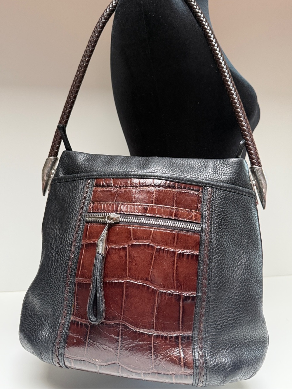 Brighton Black and Brown Croc-Panel Leather Shoulder Bag
